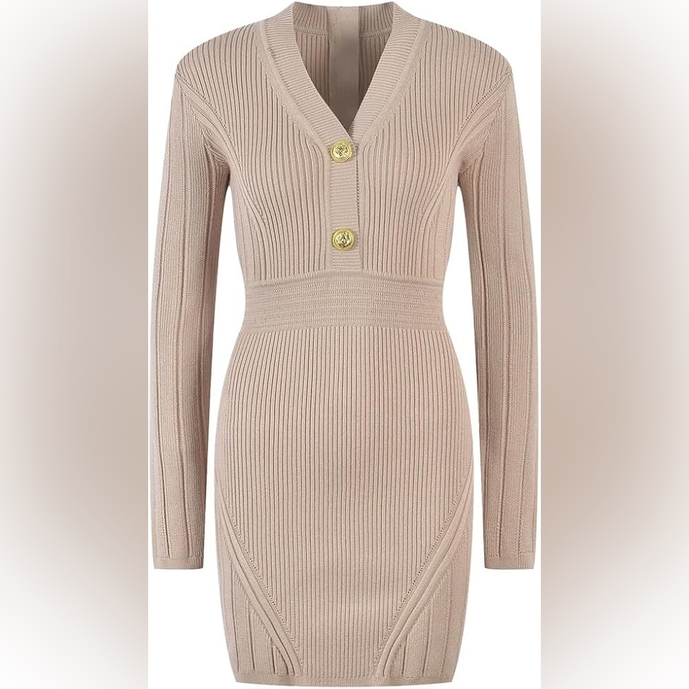 AMTIOUS Elegant Tan Knit Dress
